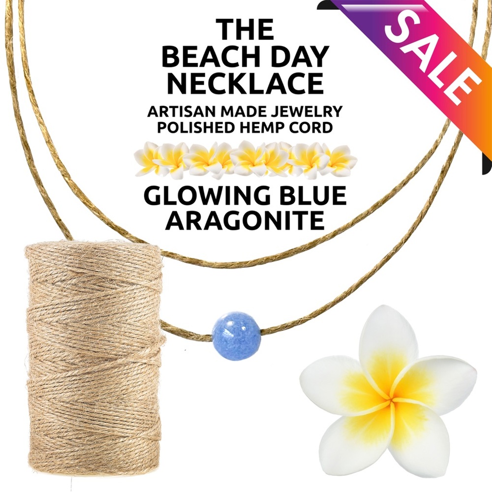 Island Sunset Artisan Beach Day Hemp Necklace Glowing Blue Aragonite 6mm Slider